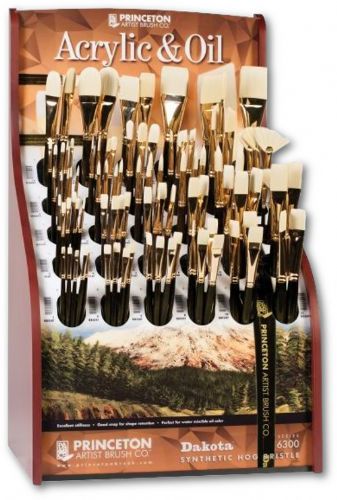 Princeton 6300D Best Synthetic Hair Bristle Acrylic And Oil Brush Display; 95 assorted long handle brushes; Best brush for acrylic painting; Unique synthetic hair provides natural bristle qualities; Excellent stiffness, snap, and hair shape retention for maximum brush control; Long handle; Dimensions 12.75