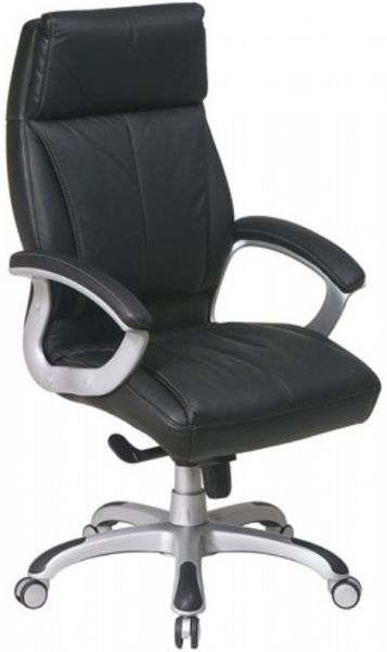 Office Star6310-6063 Quick Assembly Technology Executive Chair in Black Leather, Thickly padded and contoured cushions, Built-in lumbar support, Top-grain, glove-soft black leather, Leather padded loop arms, One touch pneumatic seat height adjustment, Mid-pivot knee tilt control, 21
