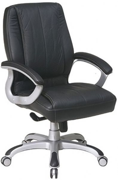 Office Star6311-7063 Quick Assembly Technology Managers Chair in Black Leather, Thick padded contour seat and back, Built-in lumbar support, Quick assembly technology chair design, One touch pneumatic seat height adjustment, Mid pivot knee tilt control with adjustable tilt tension, 21