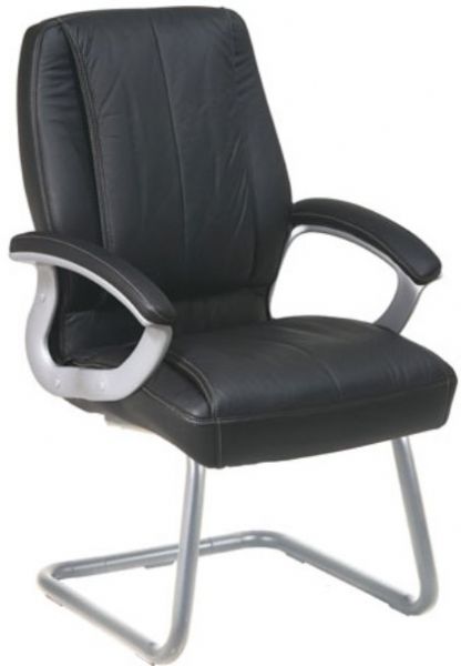 Office Star 6315-763 Visitors Chair with Padded Arms, Thick padded contour seat and back, Built-in lumbar support, Quick assembly technology chair design, Black leather, Heavy duty titanium or silver finished base and black endcaps, 21