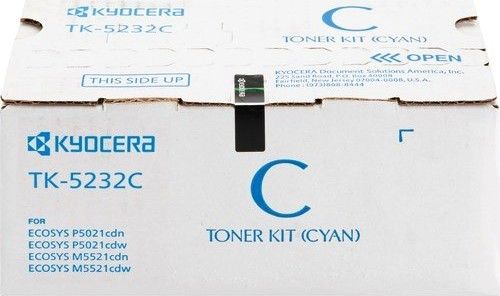 Kyocera 1T02R9CUS0 model  TK-5232C Toner Cartridge, Cyan Print Color, High Yield Type, Laser Print Technology, 2200 Pages Typical Print Yield, For use with Kyocera Printers: P5021cdw, M5521cdw and P5021cdn, UPC 632983037546 (1T02R9CUS0 1T02-R9CU-S0 1T02 R9CU S0 TK5232C TK-5232C TK 5232C)