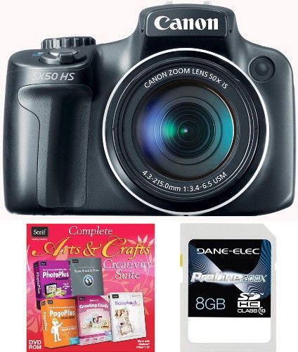 Canon 6352B001-3-KIT PowerShot SX50 HS Digital Camera with 8GB SDHC Memory Card and 1 DVD Graphic Sleeve Software, 2.8-inch TFT Color Vari-angle LCD with wide viewing angle, 50x Optical Zoom (24-1200mm) and 24mm Wide-Angle lens with Optical Image Stabilizer, 4x Digital Zoom, Focal Length 4.3 (W) - 215.0 (T) mm, UPC 091037253187 (6352B0013KIT 6352B0013-KIT 6352B001-3KIT 6352B001 3-KIT)