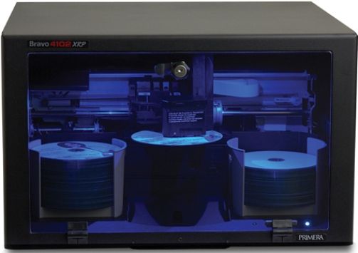 Primera 63532 Bravo 4102 XRP-BLU Disc Publisher, Up to 100-disc capacity, Two high-speed recordable BD/DVD/CD drives and high-speed eSATA interface, Color inkjet printing at up to 4800 dpi, Individual CMYK ink cartridges, Rack mountable, Locking front cover, Blazingly Fast Printing and Robotics, 16.7 million colors, UPC 665188635323 (63-532 63 532 635-32 BRAVO4102XRPBLU BRAVO-4102-XRP BRAVO4102)