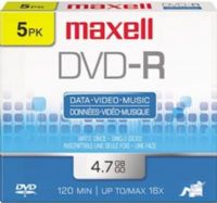 Maxell 638002 DVD-R Write Once Jewel Case, 5 Pack, 4.7GB of data storage, Compatible with up to 16X DVD-R hardware, Up to 2 hours of DVD-quality video recording, Single-Sided, Form Factor 120mm Standard, Recordable/one-time recording, Perfect for home video recording, storing digital pictures and transferring home movies, UPC 025215625909 (638-002 638 002) 