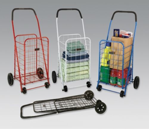 Mabis 640-8213-9604 Folding Shopping Cart Assortment; 1 each - Red, Black, Blue, White, 4 per Case, This easy-to-assemble cart is designed for transporting groceries or laundry (640-8213-9604 64082139604 6408213-9604 640-82139604 640 8213 9604)