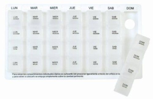 Mabis 640-9006-0000 Seven Day Pill Organizer - Spanish, Provides 7-day pill organizer, Easy to transport daily compartments, Braille identification, Spanish translation, Easy-view transparent plastic, Latex Free, 9 x 5 x 1, 1 Organizer (640-9006-0000 64090060000 6409006-0000 640-90060000 640 9006 0000)