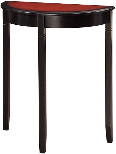 Linon 64026BLKCHY-01-KD-U Camden Demi Lune Console Table; Has a transitional design and style; Perfect for small spaces, each item occupies minimal floor space but provides ample storage and display space; Rich Black Cherry finish exudes sophistication; Perfect for placing in an entry, near a sofa or in your living space; UPC 753793909387 (64026BLKCHY01KDU 64026BLKCHY-01KD-U 64026BLKCHY01-KDU 64026BLKCHY-01KD-U)