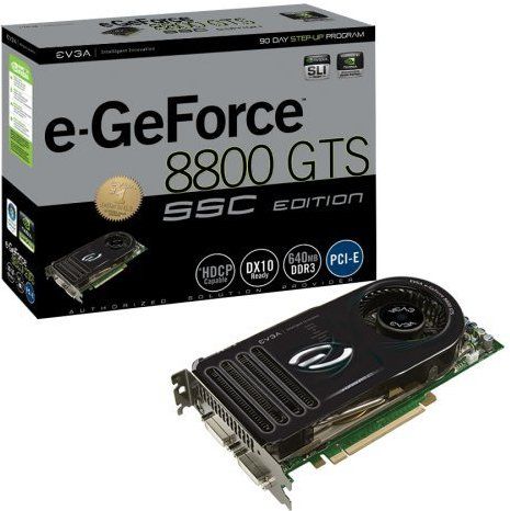 EVGA 640-P2-N829-AR e-GeForce 880GTS SSC Edition PCI Express Video Card, NVIDIA unified architecture with Gigathread, Technology, Full MIcrosoft DirectX 10 Shader Model 4.0 support, NVIDIA SLI Ready, 16x full-screen anti-aliasing, True 128-bit floating point high dynamic-range (HDR) lighting (640P2N829AR 640P2-N829-AR 640-P2N829-AR 640P2-N829AR)