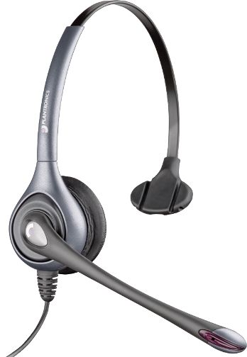Plantronics 64338-03 Model H351N SupraPlus SL Monaural Noise-Canceling Headset, Silver, Noise-canceling microphone, Includes Leatherette Ear Cushions, adhesive cord clip, and Plantronics logo carrying pouch, Enhanced audio for greater listening accuracy, Supports most Plantronics amplifiers and USB-to-headset adapters (6433803 64338 03 H-351N H351)