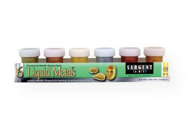Sargent Art 665411 Liquid Metals Tempera Poster Paint Set; Add fun and excitement to all creative projects!; Create rich faux-metallic and patina finishes; Colors include antique gold, aztec gold, bronze, copper, gold, and silver; Shipping Weight 0.6 lb; Shipping Dimensions 10.00 x 2.00 x 3.00 in; UPC 042229656118 (SARGENTART665411 SARGENTART-665411 LIQUID-METALS-665411 SARGENTART/665411 LIQUID/METALS/665411 PAINTING ARTWORK)