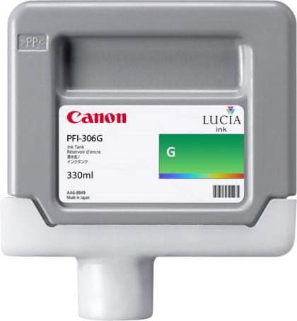 Canon 6664B001AA Model PFI-306G Pigment Ink Tank 330ml, Green for use with imagePROGRAF iPF8300, imagePROGRAF iPF8300S, imagePROGRAF iPF8400, imagePROGRAF iPF8400S, imagePROGRAF iPF8400SE, imagePROGRAF iPF9400 and imagePROGRAF iPF9400S Large Format Printers, New Genuine Original OEM Canon Brand, UPC 013803154771 (6664-B001AA 6664B-001AA 6664B001A 6664B001 PFI306G PFI 306G PFI306)