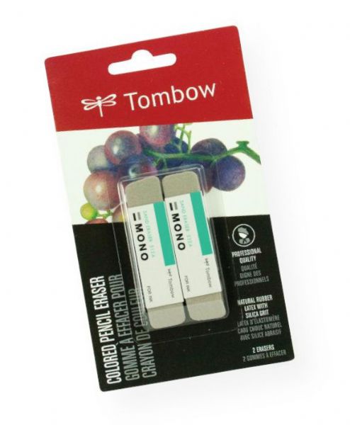 Tombow 67304 Mono Colored Pencil Erasers; Natural rubber latex and silica grit eraser removes colored pencil and ink marks, including ballpoint, rollerball, and some marker; Can also be used to create highlights in artwork; Produced with all natural materials and a 100% recycled pulp sleeve; 2-pack; Shipping Weight 0.08 lb; Shipping Dimensions 6.00 x 3.5 x 0.5 in; UPC 085014673044 (TOMBOW67304 TOMBOW-67304 MONO-67304 ARTWORK)