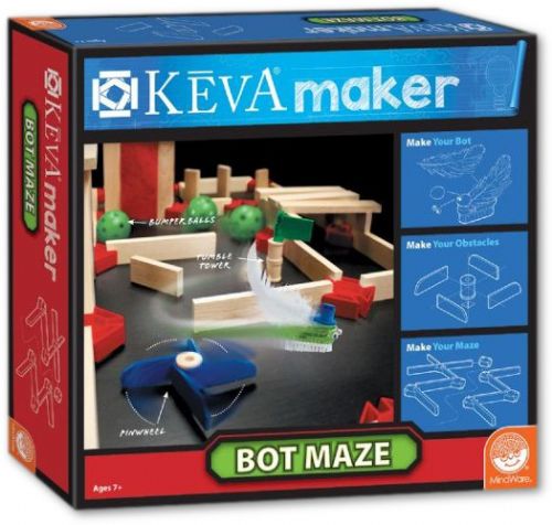 Mindware 68409 Keva Maker, Bot Maze; The KEVA Maker Bot Maze lets you experiment, innovate and create with precision-engineered KEVA planks and a variety of doodads and gizmos; Design your own motorized bots using crafty items found in this kit, or items from around your home and yard; Then construct your maze's tunnels, doorways, passages and obstacles from the planks and connectors; UPC 889070203005 (MINDWARE68409 MINDWARE 68409 MW68409)