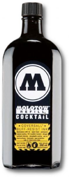 MOLOTOW 691.760 Coversall 250ml Black Ink Refill; Permanent black ink provides high coverage that is quick-drying and UV, abrasion, and weather-resistant; Perfect for indoor and outdoor use; Coversall is an alcohol-based ink with synthetic bitumen and a visco-plastic coating; Dimensions 1