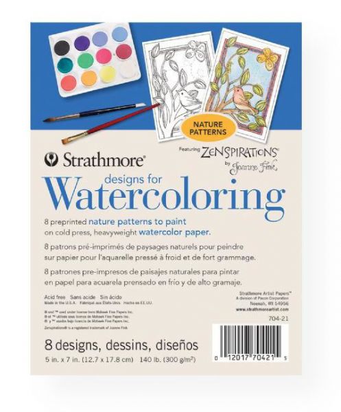 Strathmore 704-21 Designs for Watercoloring Nature; Each pad features 8 different pre-printed designs on heavyweight, cold press watercolor paper; Zenspirations outlines by Joanne Fink allow you to enjoy the relaxing experience of adding watercolors to a basic design; 5