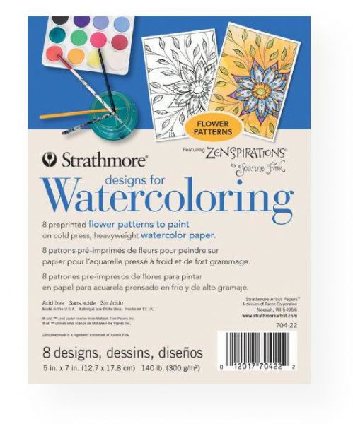 Strathmore 704-22 Designs for Watercoloring Flowers; Each pad features 8 different pre-printed designs on heavyweight, cold press watercolor paper; Zenspirations outlines by Joanne Fink allow you to enjoy the approachable and relaxing experience of adding watercolors to a basic design; The 5