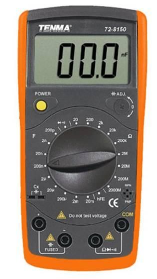 Tenma 72-8150 Capacitance Meter; 3-1/2 digit 1999 count display; Transistor HFE measurement; Diode test; Audible continuity test; Low battery display; Comes complete with standard 9V battery (728150)