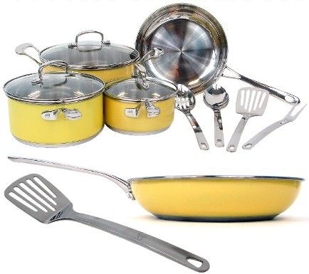 Roy Yamaguchi 72-8291 Stainless Steel Cookware Set-Yellow, 11-piece, 1.5 quart saucepan with glass cover, 3 quart saucepan glass cover, 5 quart Dutch oven with glass cover, 10