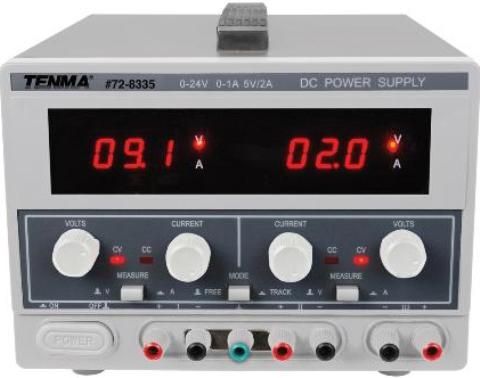 Tenma 72-8335 Triple Output Power Supply, Three fully isolated outputs, Outputs may be connected in series to obtain higher voltage or parallel for higher current, Large digital display shows current or voltage for outputs 1 and 2, Selectable Independent or Tracking operation, Output 1 and 2 are adjustable from 0~24VDC, with 0~1A current limiting (728335 72 8335 728-335 7283-35)