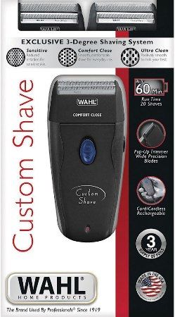 Wahl 7367-200 Rechargeable Cord/Cordless Shaver; Ergonomic shape with soft touch grips, pop-up trimmer which extends to provide high visibility for trimming sideburns, beard or mustache & charging LED; Includes: Shaver, three foil heads (sensitive, comfort close, ultra clean), cleaning brush, foil guard, protective foil container, charger, charge stand and zippered travel pouch; UPC 043917736723 (7367200 7367 200)