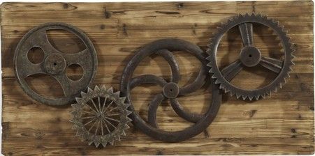 Bassett Mirror 7500-620EC Model 7500-620 Belgian Luxe Industrial Gears Artwork; A repurposed gem, these old gears are mounted on driftwood, completing a turn of the century appearance; Rustic Bronze Finish; Dimensions 47