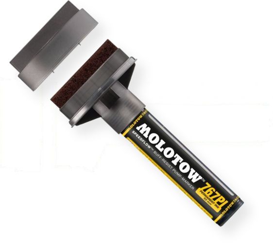 MOLOTOW 767.000 Masterpiece 60mm Tip Pump Marker; Permanent black ink provides high coverage that is quick drying and UV, abrasion, and weather resistant; Perfect for indoor and outdoor use; Speedflow is an alcohol based and nitrogen based ink with a visco plastic coating with a light copper luster; EAN 4250397603247 (M767000 767.000 767000 PUMP-767.000 MOLOTOW767.000 MOLOTOW-767.000)