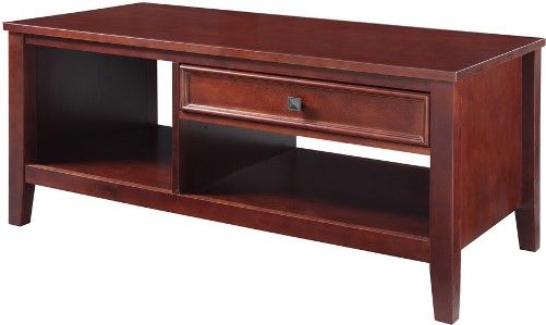 Linon 770025CHY01U Wander Coffee Table; Has a sleek, versatile design that allows it to complement any home's existing furnishings; Straight lined design and cherry finish keeps the piece simple, yet sophisticated; Perfect anchor piece to any living space; A single drawer provides ample storage for remotes, keys and more; UPC 753793932170 (770025-CHY01U 770025CHY-01U 770025-CHY-01U)