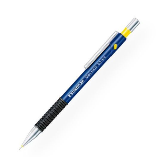 Staedtler 77503 Mars Micro Mechanical Pencil .3mm; ISO color-coded mechanical pencils for drawing and writing; Features include a metal clip, push-button, and tip, non-slip rubber grip, and retractable metal lead sleeve; Ideal for use with rulers and templates; Break-resistant cushioned lead; Refillable; PVC and latex-free eraser and B leads included; Shipping Weight 0.03 lb; EAN 4007817708262 (STAEDTLER77503 STAEDTLER-77503 MARS-77503 ARCHITECTURE DRAWING OFFICE)