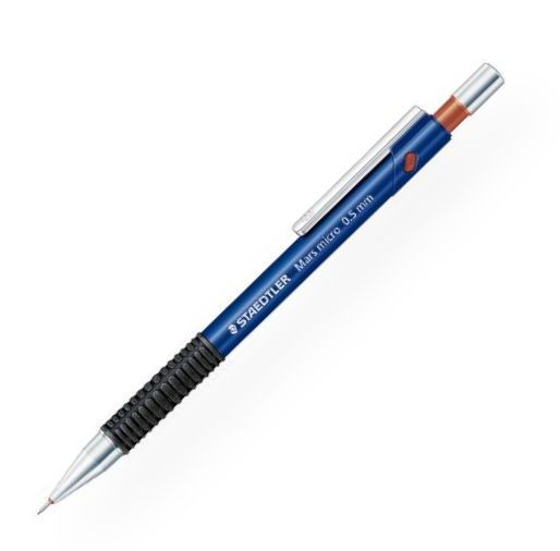 Staedtler 77505 Mars Micro Mechanical Pencil .5mm; ISO color-coded mechanical pencils for drawing and writing; Features include a metal clip, push-button, and tip, non-slip rubber grip, and retractable metal lead sleeve; Ideal for use with rulers and templates; Break-resistant cushioned lead; Refillable; PVC and latex-free eraser and B leads included; Shipping Weight 0.03 lb; EAN 4007817708286 (STAEDTLER77505 STAEDTLER-77505 MARS-77505 ARCHITECTURE DRAWING OFFICE)