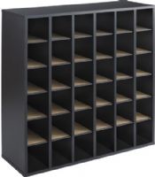 Safco 7766BL Wood 36-Compartment Mail Sorter, Black; 4 7/8'W x 11 3/4"D x 5"H Compartment Size; Compartment Adjustability; 5/8" Material Thickness; Laminate Paint/Finish; Furniture Grade Particleboard Material; Dimensions 33 3/4"w x 12"d x 32 3/4"h; Weight 64 lbs. (7766-BL 7766 BL 7766B) 