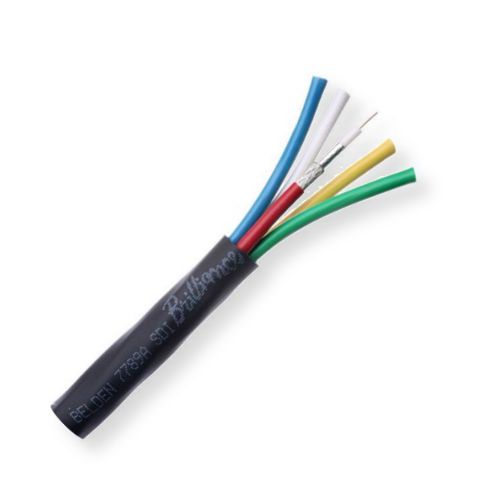 Belden 7789A B59500, Model 7789A; 25 AWG, 5-Coax, CMR-Rated, VideoFLEX Snake, Sub-miniature, Coax Cable; Black, Matte; Riser-CMR; For Indoor or outdoor use; 5-Sub-miniature 23 AWG, Solid bare copper conductors; Foam HDPE core; Duofoil Tape and tinned copper braid double shielding; PVC jacket; UPC 612825355410 (BTX 7789AB59500 7789A B59500 7789A-B59500)