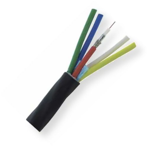 Belden 7796A B59500 Model 7796A, 20 AWG, 5-Coax, RG59, Digital Coax Snake Cable; Black, Matte; 14 AWG solid 0.064-Inch bare copper conductor; Gas-injected foam HDPE insulation; Bare copper braid shield; Polyethylene jacket; UPC 612825355328 (BTX 7796AB59500 7796A B59500 7796A-B59500)