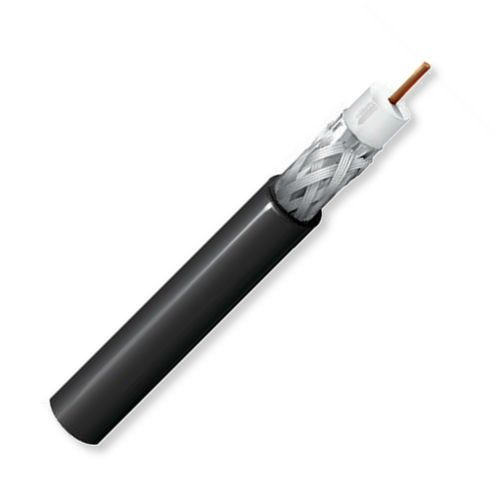 BELDEN7807R 0101000, Model 7807R, 17 AWG, RG58, Coax Cable; Black Color; CMR and CMG-Rated; 17 AWG solid 0.044-Inch Bare copper conductor; Gas-injected foam HDPE insulation; Duobond Tape foil and tinned copper braid shield; PVC jacket; UPC 612825189657 (BELDEN7807R0101000 TRANSMISSION CONNECTIVITY CONDUCTOR WIRE)