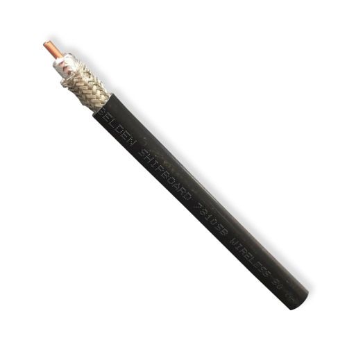 BELDEN7810SB0101000, Model 7810SB, RG8, 10 AWG, Ship Board, RF 400 Wireless Coax Cable; Black; CMG-LS and CMR-Rated; 10 AWG solid 0.108-Inch Bare copper-covered aluminum conductor; Gas-injected foam HDPE insulation; Duobond II Tape and Tinned copper braid shield; LSZH jacket; UPC 612825189831 (BELDEN7810SB0101000 TRANSMISSION CONNECTIVITY ELECTRICITY WIRE)