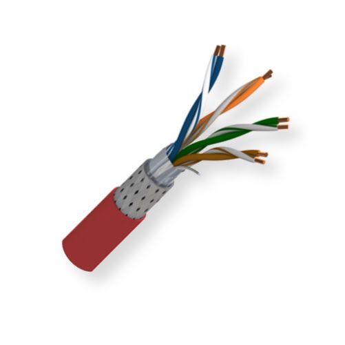 BELDEN7921A0021000, Model 7921A, 24 AWG, 4-Pair, Riser-Rated, Industrial Ethernet Cat 5e Cable; Red; 4 Bonded-Pair 24AWG Bare Copper conductors; PO Insulation; Overall Beldfoil and Tinned Copper Braid Shield; PVC Outer Jacket; CMR and CMX-Outdoor Rated ; UPC 612825191247 (BELDEN7921A0021000 TRANSMISSION PLUG WIRE ELECTRICITY)