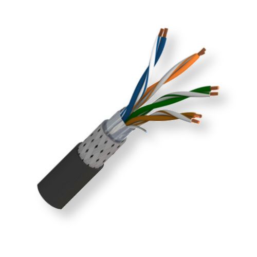 Belden 7938A B59500, Model 7938A, 24 AWG, 4-Bonded-Pair, High Flex, Industrial Ethernet Cat 5e Cable; Black Color; 4 Bonded-Pair, 24AWG Copper Alloy; PO Insulation; Overall Beldfoil tape and Tinned Copper Braid Shield; TPE Inner Jacket; TPE Outer Jacket; High Flex AWM 20606; UPC 612825191735 (BTX 7938AB59500 7938A B59500 7938A-B59500 BELDEN)