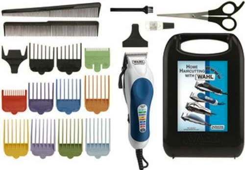 Wahl 79400-608 Color Pro 20-Piece Color Coded Hair Cutting Kit; Includes Eight color-coded locking guide combs allow for the right cut, every time; Features Wahls patented precision ground blades that stay sharp longer; Clipper comes complete with a chart to show the length each color is for easy reference; Eight color-coded locking guide combs allow for the right cut, every time; UPC 043917000053 (79400608 79400 608) 