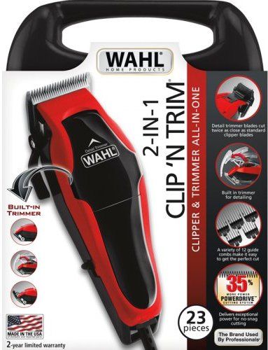 Wahl 79900-1908 Clipn Trim 23-Piece Clipper/Trimmer All-In-One; Includes: PowerDrive Clipper, Blade Guard, Built-in Trimmer, Handle Storage Case, Blade Oil, Cleaning Brush, Scissors, Medium Comb, Barber Comb, Cape 13 Guide Combs (1.5mm, 3mm, 6mm, 10mm, 13mm, 16mm, 19mm, 22mm, 25mm, Left Ear Taper, Right Ear Taper, Eyebrow Guide, Ear Trim Guide) and Instructions; UPC 043917000701 (799001908 79900 1908) 