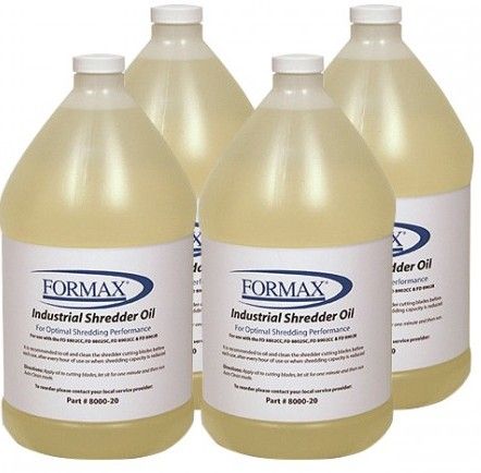 Formax 8000-20 Shredder Oil; A case of four 1 Gallon Bottles; Compatible with all Formax shredders: FD 8200SC, FD 8200CC; FD 8300SC, FD 8300CC; FD 8400SC, FD 8400CC, FD 8400HS; FD 8500SC, FD 8500CC, FD 8500HS; FD 8600SC, FD 8600CC; FD 8702CC; FD 8802SC, FD 8802CC; FD 8902CC, FD 8902B; Weight 32 lbs. (800020 8000-20)