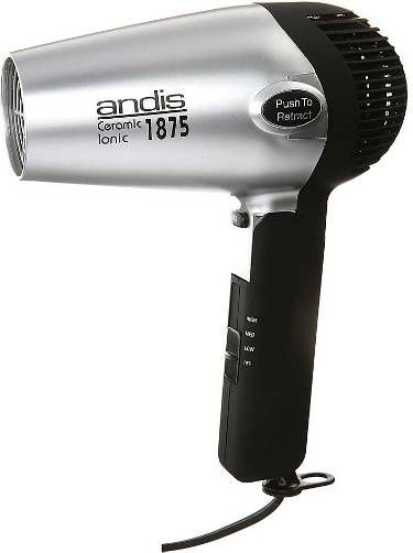 Andis 80020 Model RC-2 Fold-N-Go Ionic Hair Dryer, Silver/Black; 1875 watts; Nano-ceramic and Ionic technologies create smoother, silkier hair in less drying time; 3 heat/speed settings for styling control; Convenient folding handle and retractable cord; Cool shot button locks in style; Lifeline shock protection; Polymer Body Material; 5.25