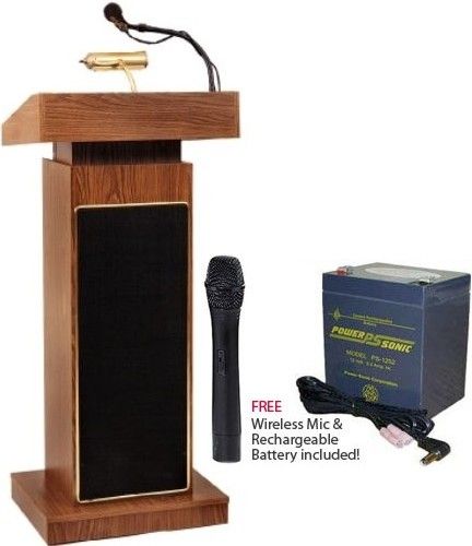 Oklahoma Sound 800-LWM5-PS12V-MO Model 800 The Orador Height Adjustable Lectern with PS12V 12V 5Amp Rechargeable Battery and Wireless Handheld Microphone, Medium Oak, 40 Watt solid state amplifiers, Reading surface adjusts in hegith from 42