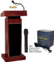 Oklahoma Sound 800-LWM5-PS12V-MY Model 800 The Orador Height Adjustable Lectern with PS12V 12V 5Amp Rechargeable Battery and Wireless Handheld Microphone, Mahogany, 40 Watt solid state amplifiers, Reading surface adjusts in hegith from 42" to 52", Perfect for speaking to audiences of up to 2000 people (800LWM5PS12VMY 800-LWM5-PS12V 800 LWM5 PS12V 800-LWM5 PS12V-MY) 