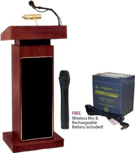 Oklahoma Sound 800-LWM5-PS12V-MY Model 800 The Orador Height Adjustable Lectern with PS12V 12V 5Amp Rechargeable Battery and Wireless Handheld Microphone, Mahogany, 40 Watt solid state amplifiers, Reading surface adjusts in hegith from 42