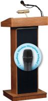 Oklahoma Sound 800X-MO/LWM-5 Orator Floor Lectern, 40 Watts Power output, Wireless handheld mic, Four 6" full range Speakers, Two mics, one aux Inputs, Switchable, two frequency Wireless, Four volume, Bass/Treble, On/Off Controls, Internally mounted, 2A Fuse, Internally mounted, with LED indicator Recharger, 12" W x 4" D Inside shelf, Medium Oak Finish, UPC 604747550080 (800X-MO-LWM-5 800X MO LWM 5 800XMOLWM5 800X-MO/LWM-5) 