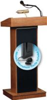 Oklahoma Sound 800X-MO/LWM-6 Orator Floor Lectern, 40 Watts Power output, Tie-clip lavalier wireless mic, Four 6" full range Speakers, Two mics, one aux Inputs, Switchable, two frequency Wireless, Four volume, Bass/Treble, On/Off Controls, Internally mounted, 2A Fuse, Internally mounted, with LED indicator Recharger, 12" W x 4" D Inside shelf, Medium Oak Finish, UPC 604747608699 (800X-MO-LWM-6 800X MO LWM 6 800XMOLWM6) 