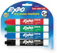 Expo 80174 Low Odor Dry Erase Marker 4 Piece Chisel Nib Set; Specially formulated low odor ink is perfect for whiteboard use in schools, small offices, and homes; Can also be used on glass and most nonporous surfaces; Consistent color quality for bright, vivid messages; Certified AP non toxic; Teacher preferred; UPC 071641801745 (SN80174 SN-80174 80174 MARKER-80174 EXPO80174 EXPO-80174) 