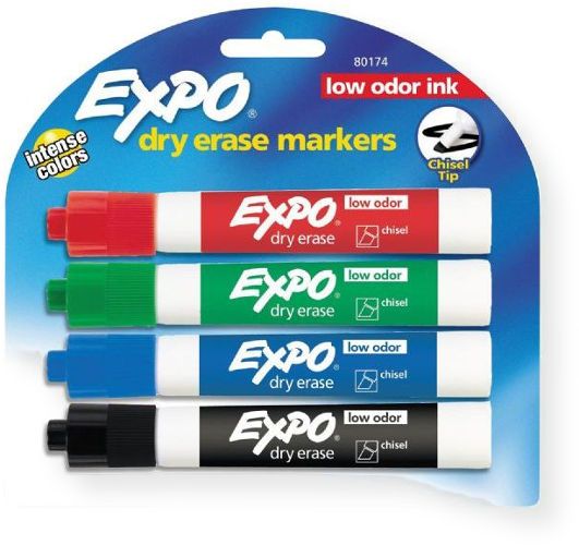 Expo 80174 Low Odor Dry Erase Marker 4 Piece Chisel Nib Set; Specially formulated low odor ink is perfect for whiteboard use in schools, small offices, and homes; Can also be used on glass and most nonporous surfaces; Consistent color quality for bright, vivid messages; Certified AP non toxic; Teacher preferred; UPC 071641801745 (SN80174 SN-80174 80174 MARKER-80174 EXPO80174 EXPO-80174)