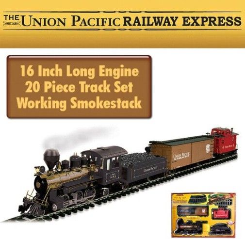 Trademark 80-32003 The Union Pacific Railway Express, Engine measures 16 inches in length, Working headlight beam, Realistic railroad sounds, Sound volume control switch, Heavy die-cast engine and wheels, Easy to assemble steel snap-fit track, Smokestack that releases real smoke, Caboose, UPC 844296010783 (8032003 803-2003 8032-003)