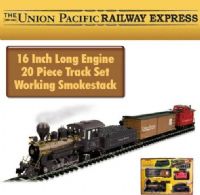 Trademark 80-32003 The Union Pacific Railway Express, Engine measures 16 inches in length, Working headlight beam, Realistic railroad sounds, Sound volume control switch, Heavy die-cast engine and wheels, Easy to assemble steel snap-fit track, Smokestack that releases real smoke, Caboose (8032003 803-2003 8032-003)