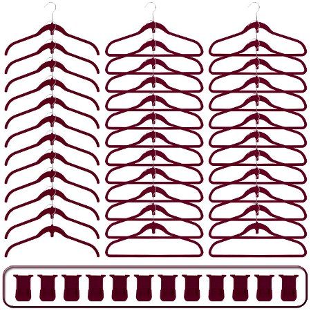 Trademark 80-72244 Set of 36 Cascading Hangers with 12 Clips, Burgundy, 24 suit hangers, measure 17.5 x 9.75 x .5 inches, 12 shirt hangers, measure 16.5 x 9.25 x .5 inches, 12 finger clips, measure 1.5 x 1.875 x .75 inches, Over the door hanger, measures 3.5x 1 x 5 inches, Long chrome hooks, allow you to hang large turtlenecks or scoop necks (8072244 80 72244 807-2244 8072-244)
